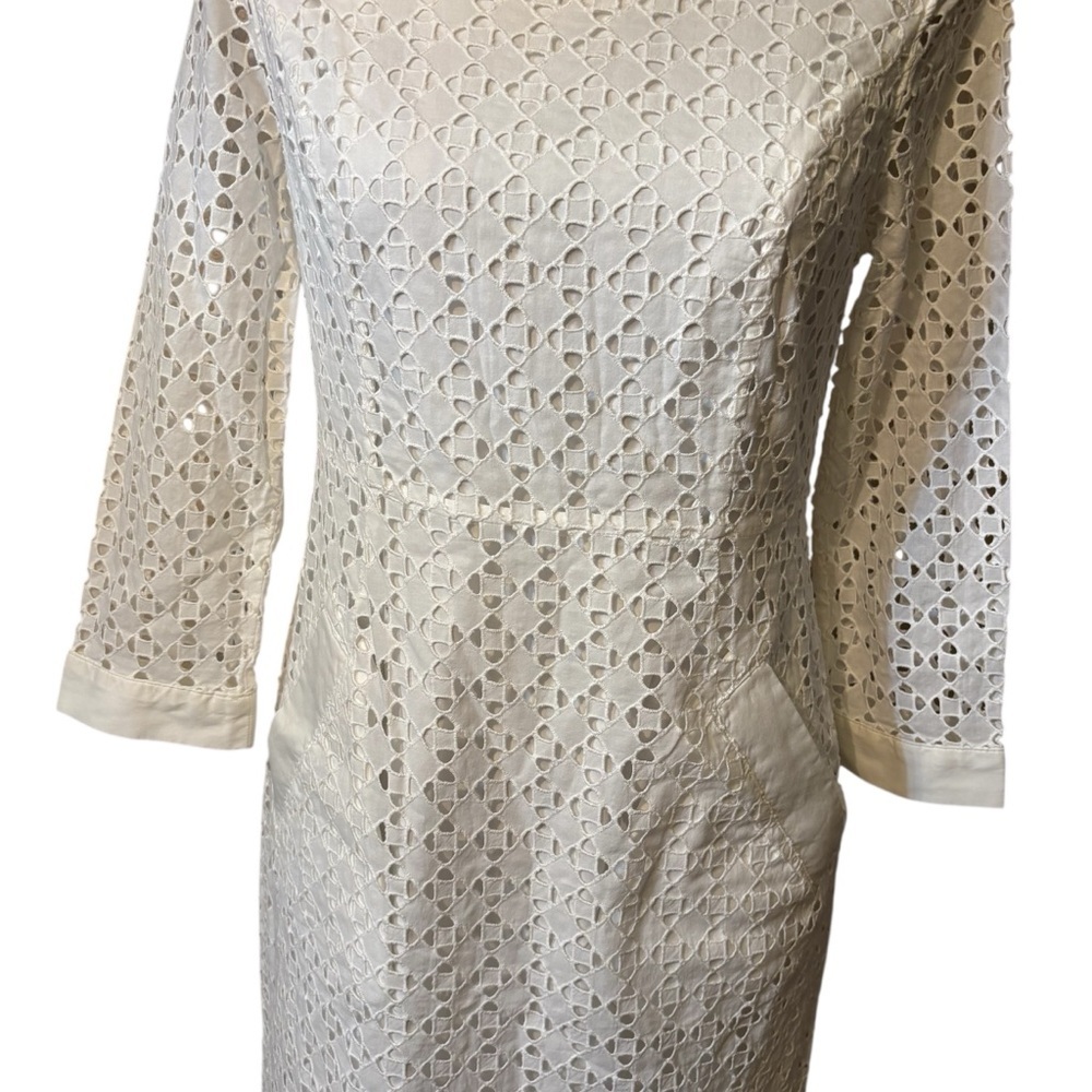Lands' End Dress Size 4 White Eyelet 3/4 Sleeve Shift Dress Pockets Cotton Lace - Picture 2 of 16